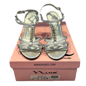 Nina Silver Satin Strappy Open Toe with Sparkly Gems High Heels Size 5.5